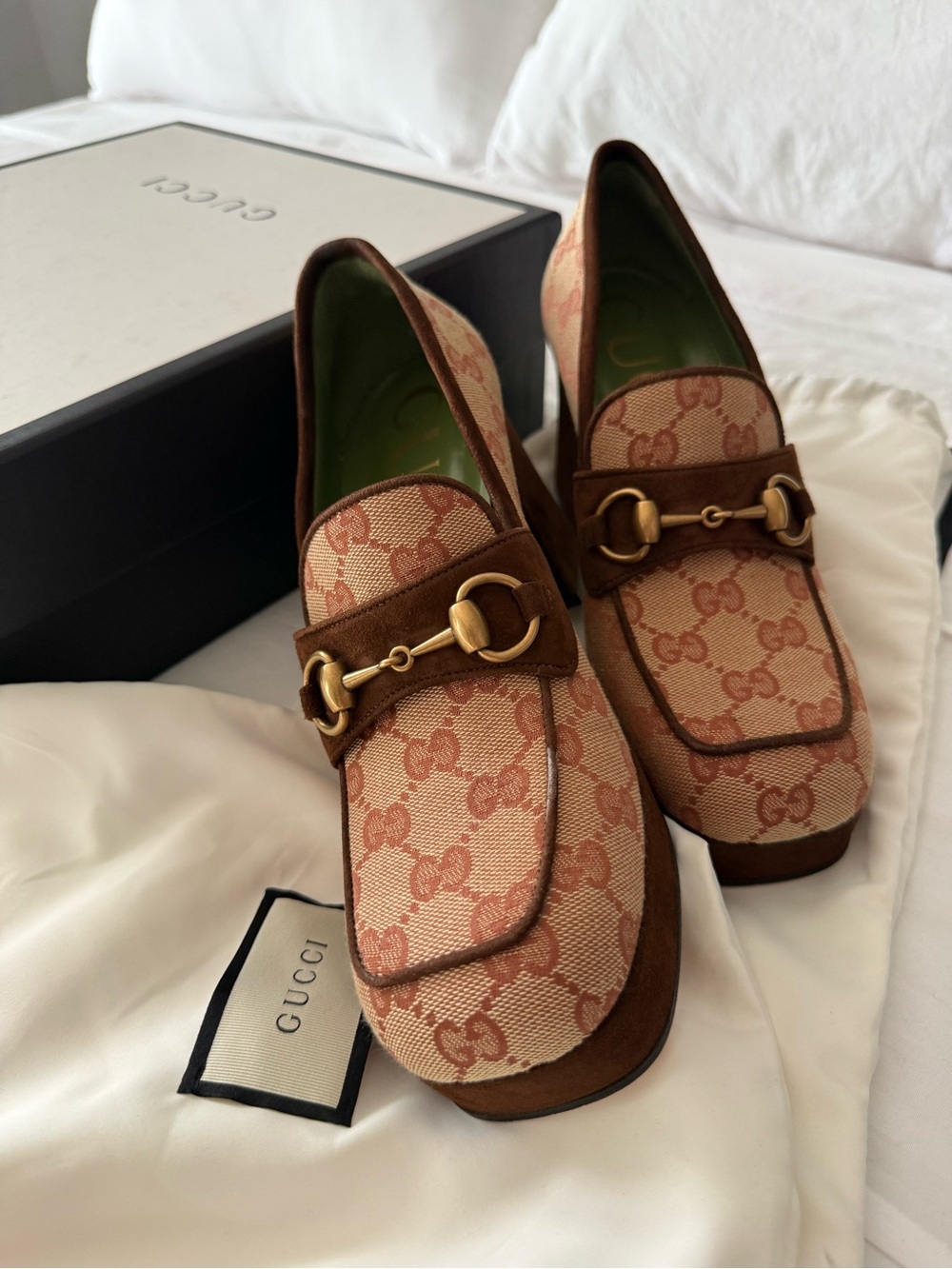 Gucci Beige & Brown GG Canvas Horsebit Loafers